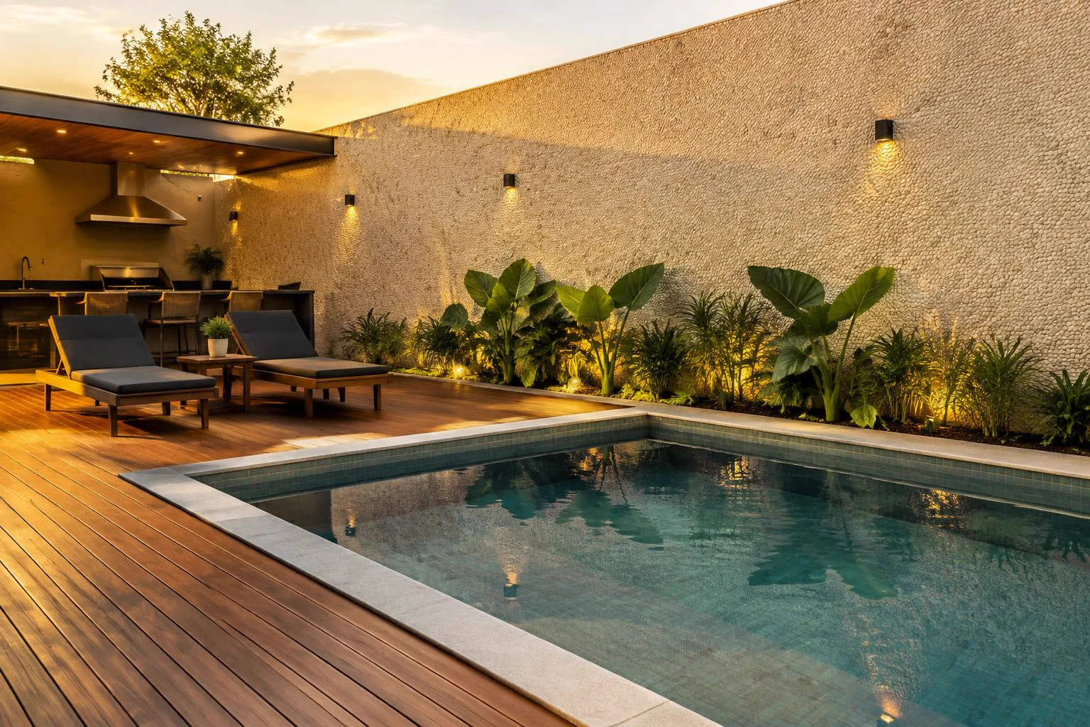Área gourmet com piscina e parede de cristais de pedras naturais bege em Itatiba