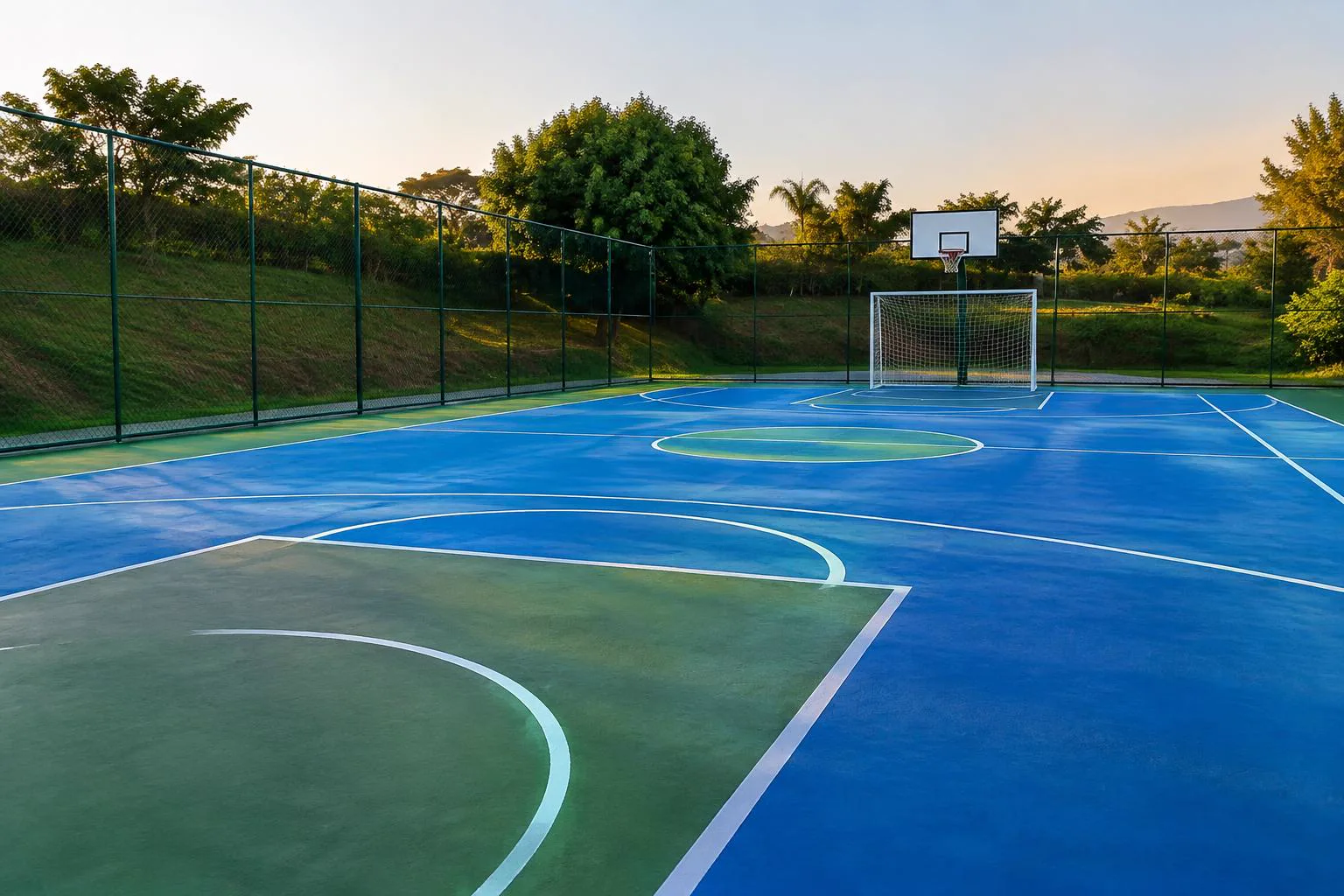 Quadra poliesportiva com piso pintado em azul e verde em Itatiba